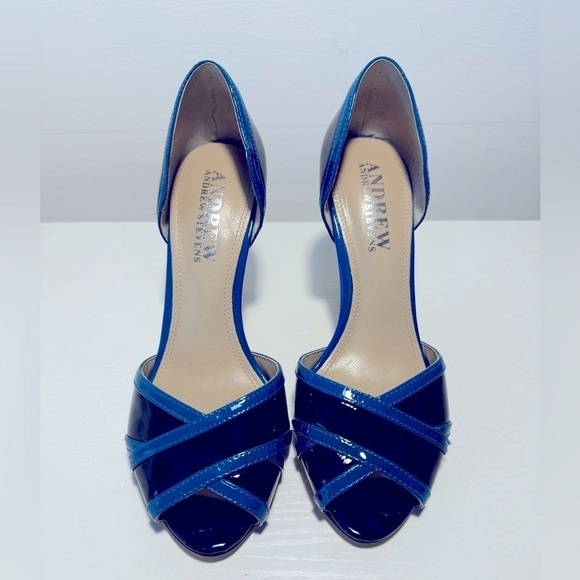 Vintage Andrew Stevens Heels Animal Print Blue Pumps patent leather 80s 5.5 - Picture 1 of 8